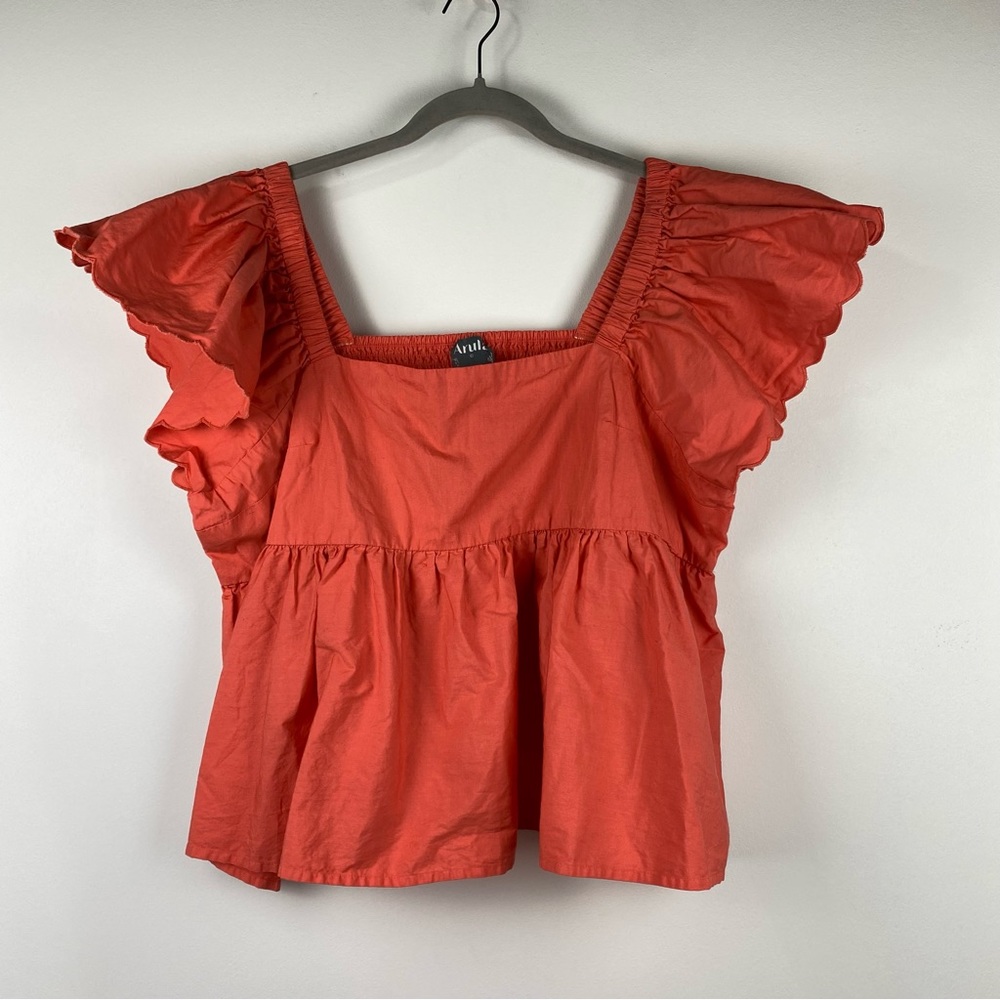 Arula Coral Cropped Flutter Scalloped Sleeve Square Neck Top, Size C (3X, 22/24)